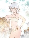  bikini drawfag flat_chest green_eyes midriff navel sanya_v_litvyak short_hair side-tie_bikini silver_hair smile solo strike_witches swimsuit tankini yaranaika 