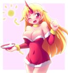  :d ;d alternate_costume bare_shoulders blonde_hair breasts bursting_breasts chain chains choker christmas cleavage clothed_navel fang geogeo horn hoshiguma_yuugi long_hair open_mouth pointy_ears sakazuki shackle simple_background smile solo touhou very_long_hair wink 