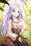  bag bangs blue_eyes bouquet bow cross earrings flower holding jewelry long_hair lowres parted_bangs pleated_dress purple_hair purse sigmund smile striped sword_girls 