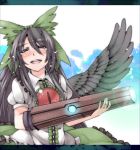  alternate_weapon arm_cannon black_hair black_wings blush bow closed_eyes eyes_closed glowing glowing_weapon hair_bow hamira-ze letterboxed long_hair open_mouth puffy_sleeves reiuji_utsuho shirt short_sleeves skirt smile solo tears third_eye touhou weapon wings 