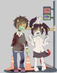  1girl black_hair blood brown_hair caution_tape extra_arms green_skin keep_out monoko pylon sakurakunet shitaisan traffic_light twintails yume_nikki 