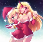  :d ;d ahoge alternate_costume bare_shoulders blonde_hair breasts bursting_breasts capelet chain chains choker christmas cleavage clothed_navel fang finger_to_mouth geogeo hat horn hoshiguma_yuugi long_hair looking_back mizuhashi_parsee multiple_girls open_mouth pointy_ears sakazuki santa_hat shackle short_hair simple_background smile touhou very_long_hair wink 