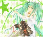  against_wall argyle argyle_background bare_shoulders black_legwear blush boots bow bubble_tea checkered checkered_background detached_sleeves drink green_eyes green_hair hair_bow hatsune_miku highres knee_boots long_hair sitting skirt solo star straw su_roron thigh-highs thighhighs twintails very_long_hair vocaloid 