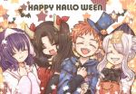  1boy 3girls ^_^ brown_hair child closed_eyes emiya_shirou eyes_closed fangs fate/zero fate_(series) halloween happy_halloween hat horns illyasviel_von_einzbern jiangshi long_hair matou_sakura minnnaorenoyome multiple_girls orange_hair pumpkin_hair_ornament purple_eyes purple_hair short_hair tohsaka_rin toosaka_rin top_hat triangular_headpiece twintails violet_eyes white_hair young 