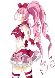  bracer crop_top cure_melody frilled_skirt green_eyes hair_ribbon houjou_hibiki long_hair magical_girl manabebebe midriff miniskirt navel pink_hair precure red_legwear ribbon skirt striped striped_legwear suite_precure thigh-highs thighhighs twintails 