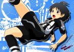  ahoge black_hair blush highres idolmaster kicking kikuchi_makoto kneehighs newcastle_united_fc open_mouth short_hair shorts soccer soccer_uniform striped taka_shida wristband 