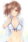  ;) bikini blush breasts brown_eyes brown_hair can collarbone front-tie_top grin holding meiko mikippa navel open_clothes open_shirt project_diva_f side-tie_bikini side_ponytail simple_background smile solo swimsuit vocaloid white_background wink 