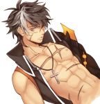  bad_id black_hair cross cross_necklace elsword jewelry limble male multicolored_hair muscle necklace raven_(elsword) scar shirtless solo two-tone_hair vest white_background white_hair yellow_eyes 