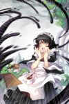  arms_up artist_request black_hair cup emphasis_lines frills green_eyes japanese_clothes kimono lesnoa lolita_fashion lowres maid maid_headdress open_mouth short_hair spill surprised sword_girls teapot tray wa_lolita 