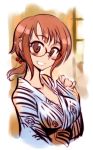  breasts brown_eyes brown_hair copyright_request glasses kusanagi_tonbo long_hair looking_at_viewer smile solo 