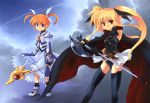  axe bardiche blonde_hair blue_eyes fate_testarossa kouno_hikaru lyrical_nanoha mahou_shoujo_lyrical_nanoha mahou_shoujo_lyrical_nanoha_the_movie_1st multiple_girls raising_heart takamachi_nanoha thigh-highs thighhighs weapon 