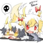  alternate_color alternate_eye_color alternate_hair_color black_hair blonde_hair bow dated dual_persona ex-keine fang horns kamishirasawa_keine long_hair lowres open_mouth rebecca_(keinelove) red_eyes signature tail touhou yellow_eyes 