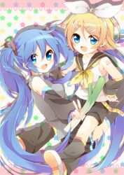  blonde_hair blue_eyes blue_hair detached_sleeves fang hair_ornament hair_ribbon hairclip hatsune_miku kagamine_rin long_hair multiple_girls necktie open_mouth poooka ribbon short_hair skirt spring_onion thigh-highs thighhighs twintails v very_long_hair vocaloid 