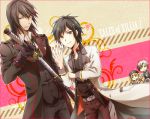  3boys black_hair brown_eyes brown_hair cat chibi_inset double_v elle_mel_martha gaias gloves green_eyes jude_mathis long_hair ludger_will_kresnik lulu_(tales_of_xillia_2) multicolored_hair multiple_boys necktie nobo_(nobocoz) pants red_eyes smile suspenders sword tales_of_(series) tales_of_xillia tales_of_xillia_2 title_drop twintails two-tone_hair v weapon white_hair 