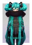  aqua_eyes aqua_hair blush coat hands_in_pockets hatsune_miku long_hair pantyhose riry scarf scarf_over_mouth skirt solo twintails very_long_hair vocaloid 