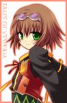  brown_hair goggles goggles_on_head green_eyes jacket miyu_(matsunohara) rita_mordio short_hair smile solo tales_of_(series) tales_of_vesperia title_drop white_background 