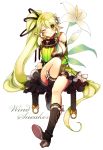  absurdres bad_id boots breasts character_name cleavage detached_sleeves elsword flower green_hair hair_flower hair_ornament highres lily_(flower) limble long_hair ponytail rena_(elsword) sitting skirt smile solo white_background wink yellow_eyes 