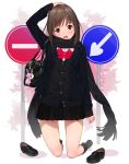  ama_mitsuki bag black_hair blazer blush brown_eyes cardigan directional_arrow hand_on_own_head heart kneeling loafers looking_at_viewer open_mouth original pleated_skirt scarf school_bag school_uniform shoes shoes_removed sign skirt solo 