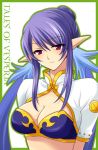  blue_hair breasts cleavage hair_bun judith long_hair miyu_(matsunohara) pointy_ears red_eyes smile solo tales_of_(series) tales_of_vesperia title_drop twintails white_background 