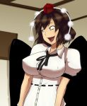  breasts brown_hair erect_nipples hat impossible_clothes oil_(sekiyu-celtic) open_mouth red_eyes shameimaru_aya short_hair short_sleeves solo tokin_hat touhou wings 