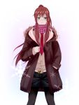  alternate_hairstyle blue_eyes brown_hair coat legwear_under_shorts long_hair makise_kurisu necktie pantyhose ponytail scarf shorts smile solo steins;gate 