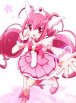  :d antenna_hair bike_shorts blush boots bowtie brooch choker cure_happy dress head_wings heart hoshizora_miyuki jewelry long_hair magical_girl open_mouth outstretched_hand pink pink_dress pink_eyes pink_hair pirika precure shorts_under_skirt skirt smile smile_precure! solo standing_on_one_leg tiara twintails white_background wrist_cuffs 