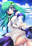  :o blue_eyes blush breasts cloud clouds detached_sleeves frog_hair_ornament green_hair hair_ornament hair_tubes kazuki_hiyori kochiya_sanae long_hair open_mouth panties skirt sky snake solo striped striped_panties touhou underwear wind_lift 