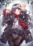  black_eyes black_hair black_legwear coat highres leaf long_hair lying nagayori on_back original outstretched_arm outstretched_hand panties panties_under_pantyhose pantyhose scarf school_uniform serafuku skirt skirt_lift snow snow_bunny snowing solo underwear white_panties 