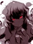  blush face feathers glowing glowing_eyes hat highres hyudora light_smile looking_at_viewer monochrome red_eyes rough shameimaru_aya short_hair simple_background smile solo spot_color sweat tokin_hat touhou white_background yandere 