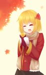  autumn closed_eyes eating eyes_closed food kaoru_(rena12345) leaf mittens rumia scarf smile solo sweet_potato touhou winter_clothes 
