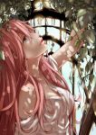  absurdres arm_up blue_eyes blurry bust depth_of_field highres lips long_hair looking_up masami_chie megurine_luka off_shoulder parted_lips pink_hair profile solo vines vocaloid window 