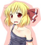  alternate_costume bare_shoulders blonde_hair blush collarbone hair_ribbon kusaba no_nose off_shoulder open_mouth red_eyes ribbon rumia school_swimsuit short_hair solo strap_slip swimsuit touhou 
