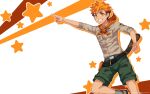  1boy akiba_hiro belt brown_shirt camp_buddy feet_out_of_frame green_shorts hair_ornament hairpin highres looking_at_viewer male_focus mikkoukun official_art official_wallpaper orange_eyes orange_hair orange_hood pointing shirt shorts smile solo starry_background tail undercut white_background 