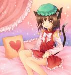  :3 animal_ears bed bow brown_hair cat_ears cat_tail chen earrings frills hat jewelry light_particles looking_at_viewer mauve multiple_tails pillow solo sparkle tail touhou yellow_eyes 
