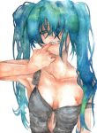  aqua_eyes aqua_hair bad_id breasts cleavage clenched_teeth fingersmile hatsune_miku lips long_hair simple_background solo traditional_media twintails vocaloid yamiko_(black-g-d-s) yamiko_(pixiv509507) 