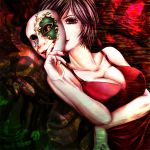  bad_id breast_hold breast_lift breasts brown_eyes brown_hair cleavage dress mask meiko nail_polish short_hair solo vocaloid 