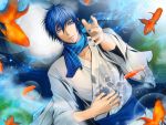  a=k blue_eyes blue_hair fish from_above japanese_clothes kaito kimono male scarf solo vocaloid 