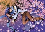  barefoot blue_eyes blue_hair cherry_blossoms from_above hands hitommy kaito lying male on_side petals scarf solo vocaloid 