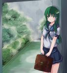  arcadia090 green_hair highres kochiya_sanae rain ribbon school_uniform solo touhou 
