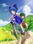  animal_ears bad_id bicycle blue_eyes blue_hair bow brown_eyes brown_hair cat_ears cat_tail chen cirno hair_bow hat hidebo multiple_girls multiple_tails short_hair tail touhou wings 