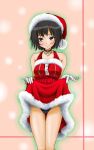  1girl amagami black_hair blush brown_eyes christmas dress gloves hat heart highres jewelry nanasaki_ai necklace peppe santa_hat short_hair skirt skirt_lift solo swimsuit swimsuit_under_clothes thigh_gap 