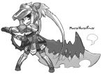  chibi hermitaur_(armor) huge_weapon long_hair monochrome monster_hunter monster_hunter_frontier rumie sword twintails weapon 