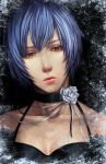  blue_hair choker elbow_gloves erina flower gloves highres lace neon_genesis_evangelion noa_ikeda portrait realistic red_eyes short_hair 