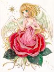  dress face flower green_eyes marker_(medium) original rose solo star toyoda_izumi traditional_media wings 