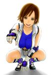  :d boots breasts brown_eyes brown_hair crop_top elbow_pads fingerless_gloves gloves hawk_(artist) jacket kazama_asuka large_breasts midriff namco open_fly open_mouth pointing shadow short_hair shorts simple_background smile solo squatting tekken tekken_5_(dark_resurrection) top unzipped zipper 