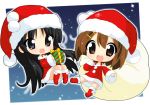  akiyama_mio black_eyes black_hair boots brown_eyes brown_hair chibi christmas gift hahifuhe hair_ornament hairclip hat hirasawa_yui holding holding_gift k-on! knee_boots long_hair multiple_girls panties pantyshot sack santa_costume santa_hat short_hair smile striped striped_panties underwear 