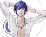 a=k blue_eyes blue_hair bracelet headphones headset jewelry kaito male manly muscle necklace open_clothes open_shirt shirt solo vocaloid wet 