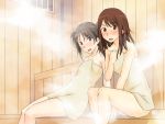  2girls black_hair blush brown_eyes brown_hair elk115 hoshino_yuumi kimi_kiss kuryuu_megumi long_hair looking_at_viewer naked_towel nude open_mouth sauna steam towel twintails 