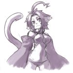  animal_ears breasts detached_sleeves large_breasts monochrome panties purple rumie short_hair simple_background sketch smile tail underwear white_background 