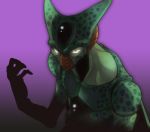  cell_(dragon_ball) dragon_ball dragon_ball_z glowing glowing_eyes gradient_background looking_at_viewer male monster purple_background raised_arm rumie shadow slit_pupils solo tongue 